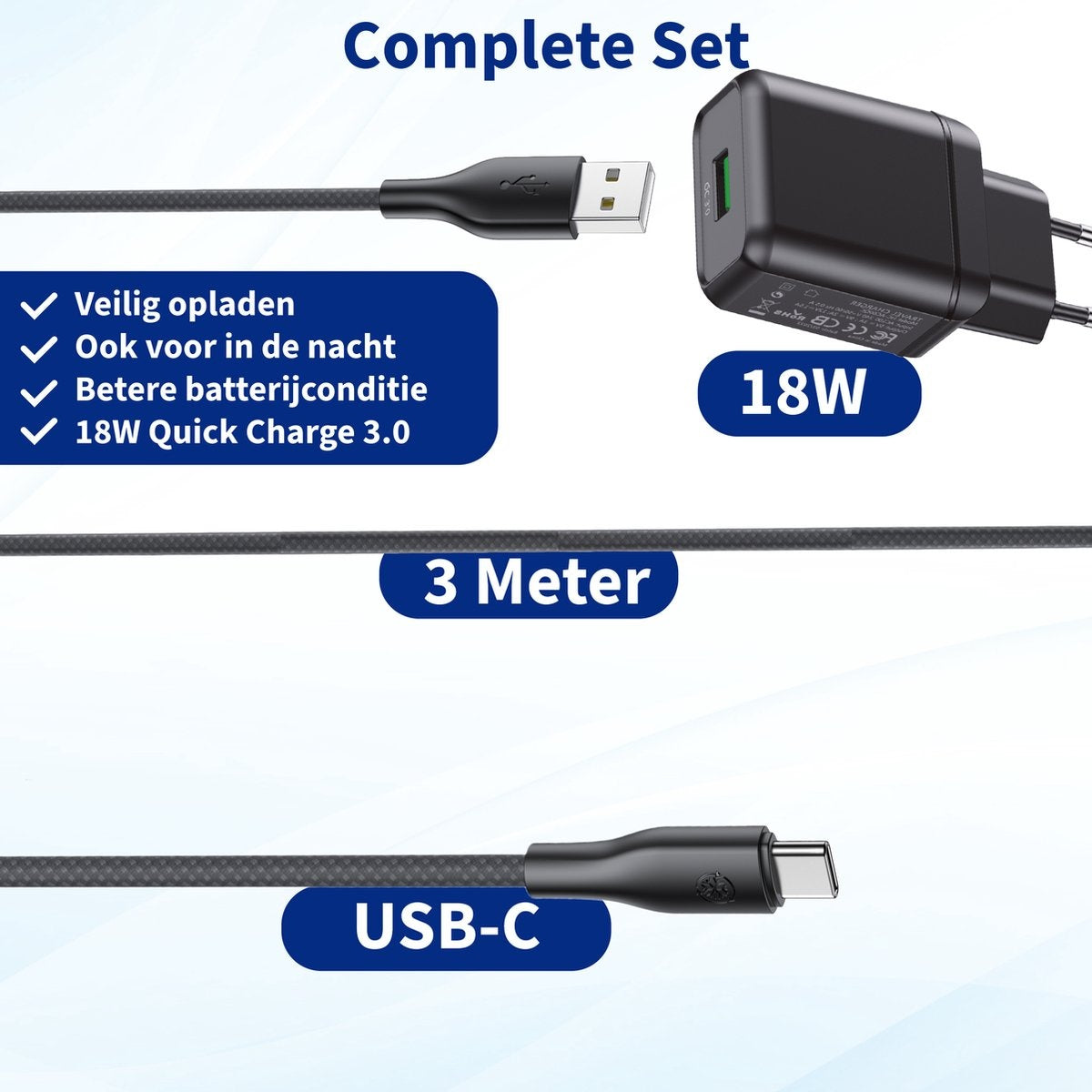 Een complete set met een oplader, USB-kabel en USB-C-kabel. Bevat tekst over veilig opladen en 18W Quick Charge 3.0.