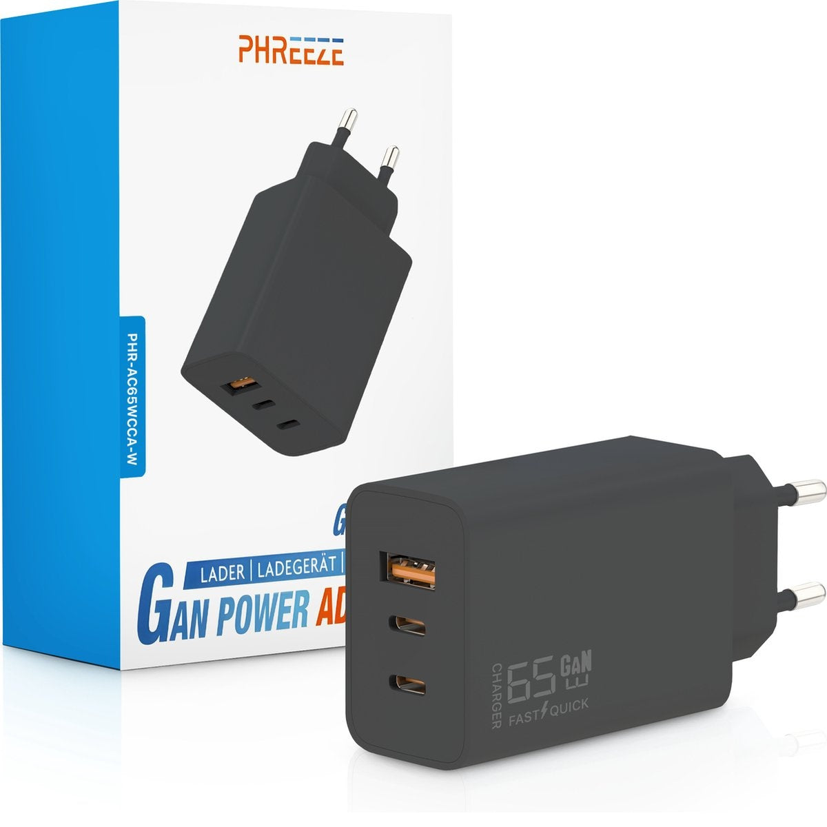 Black GAN Power AD charger with two USB ports and a USB-C port, next to a white box with the brand name PHREEZE.