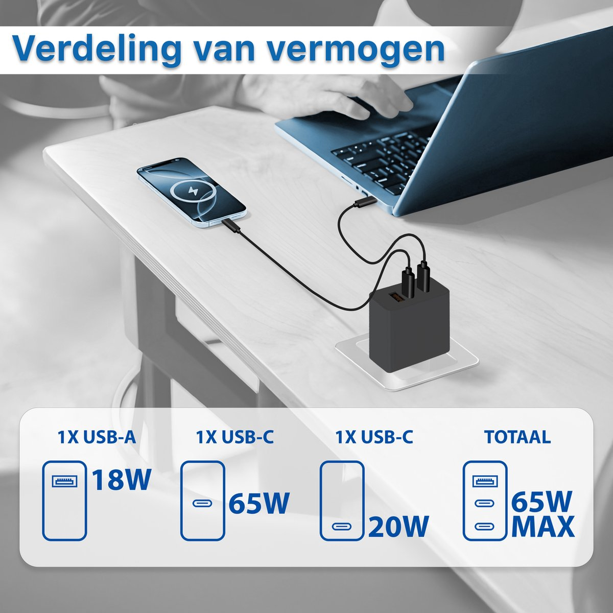 A smartphone is charging on a table. A laptop and a charging block are also present. Text indicates power distribution details.