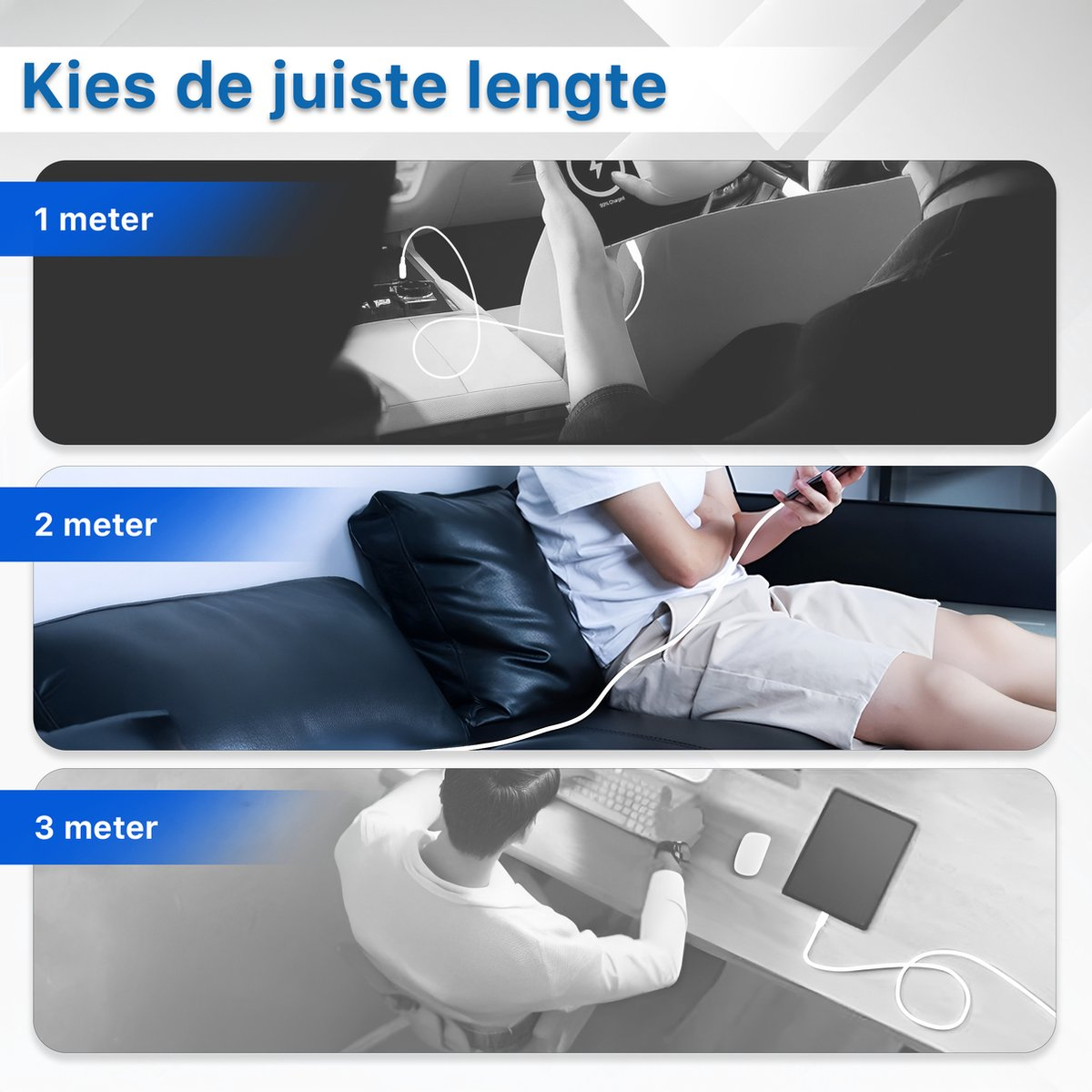 Afbeelding toont drie scenario's: opladen in een auto, op een bank en aan een bureau. Elk toont een verschillende kabellengte.