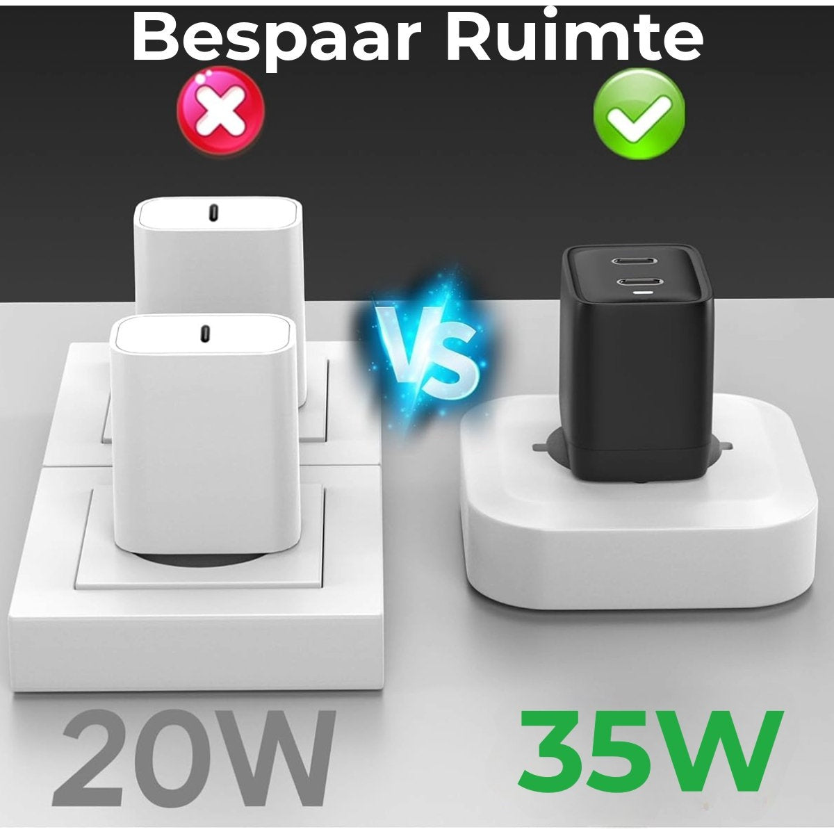 Image compares two chargers: white 20W vs black 35W, with a 'vs' symbol. Text indicates 'Save Space'.