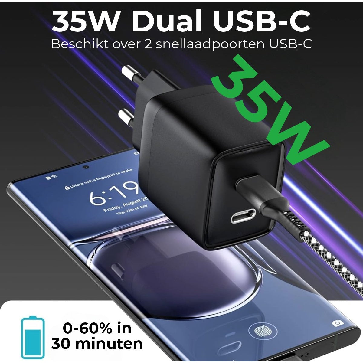 A black charger with a USB-C cable is connected to a smartphone. Text says 35W Dual USB-C and 0-60% in 30 minutes.