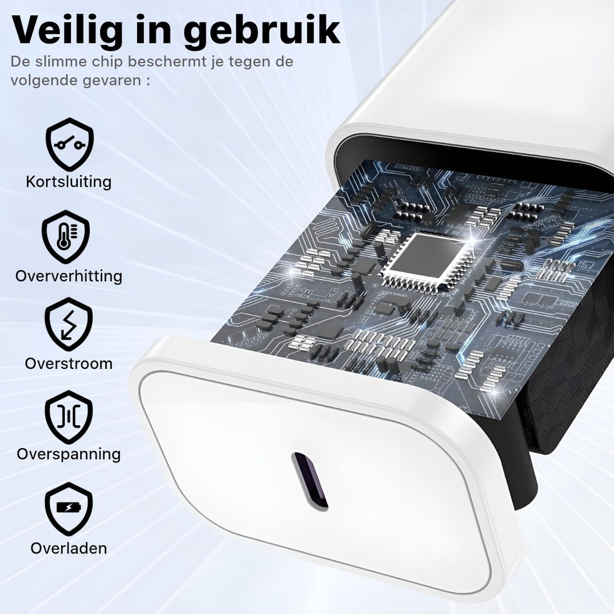 Witte oplader met een printplaat. Tekst vermeldt bescherming: kortsluiting, oververhitting, overstroom, overspanning en overbelasting.