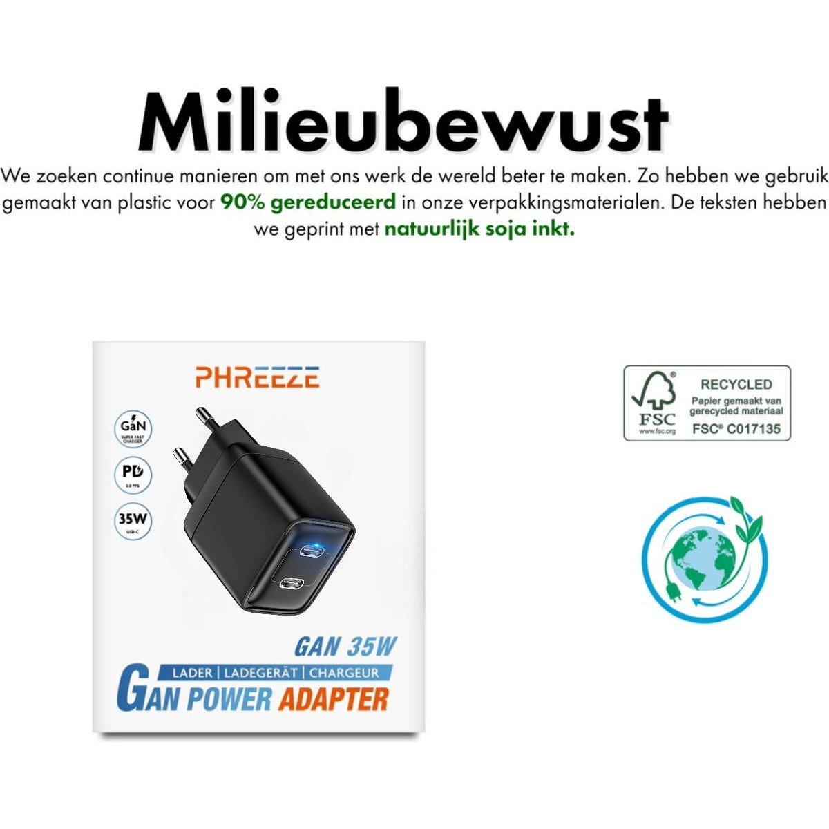 Black power adapter with text 'GAN 35W' and 'GAN POWER ADAPTER' on a white background, with recycling symbols.