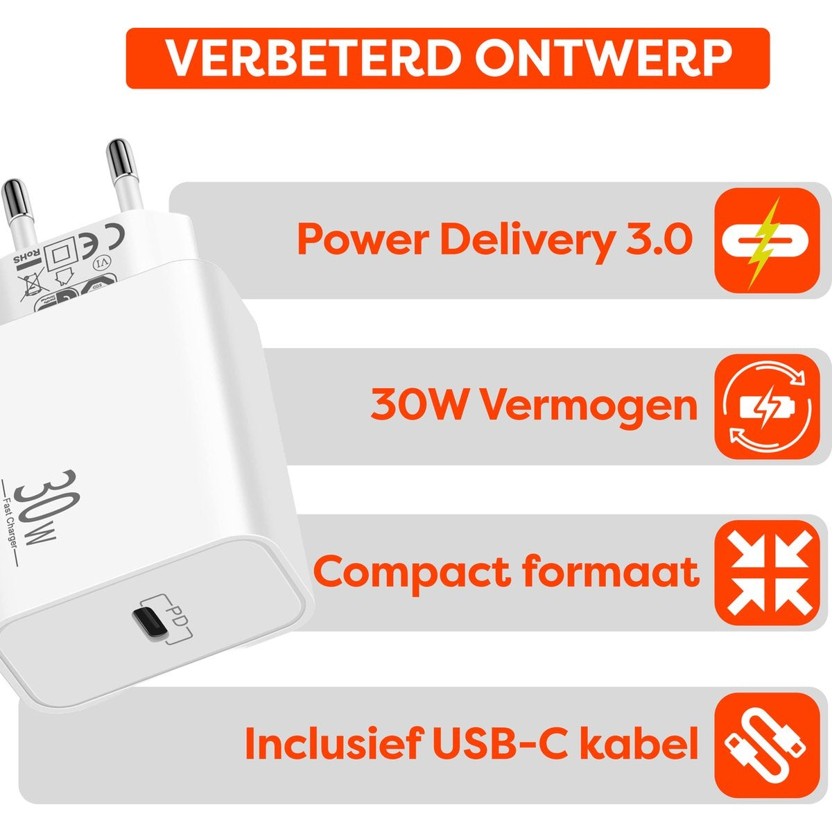 Een witte oplader met Nederlandse tekst, die functies aangeeft zoals Power Delivery 3.0, 30W vermogen, compact formaat en een USB-C-kabel.