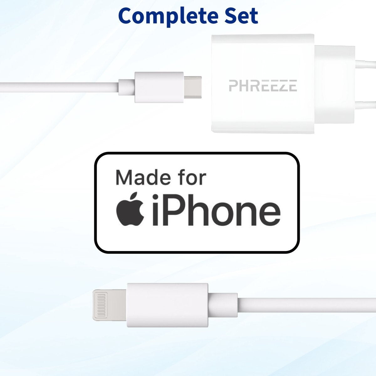 Witte iPhone-oplader set. Inclusief opladers, kabels en een 'Made for iPhone' logo. Tekst 'Complete Set' bovenaan.