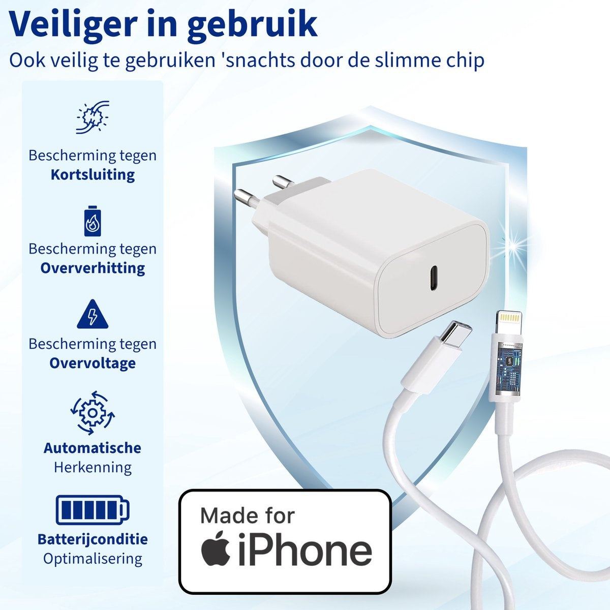 Witte iPhone-oplader met kabel. Tekst vermeldt bescherming tegen kortsluiting, oververhitting en overspanning. Made for iPhone.