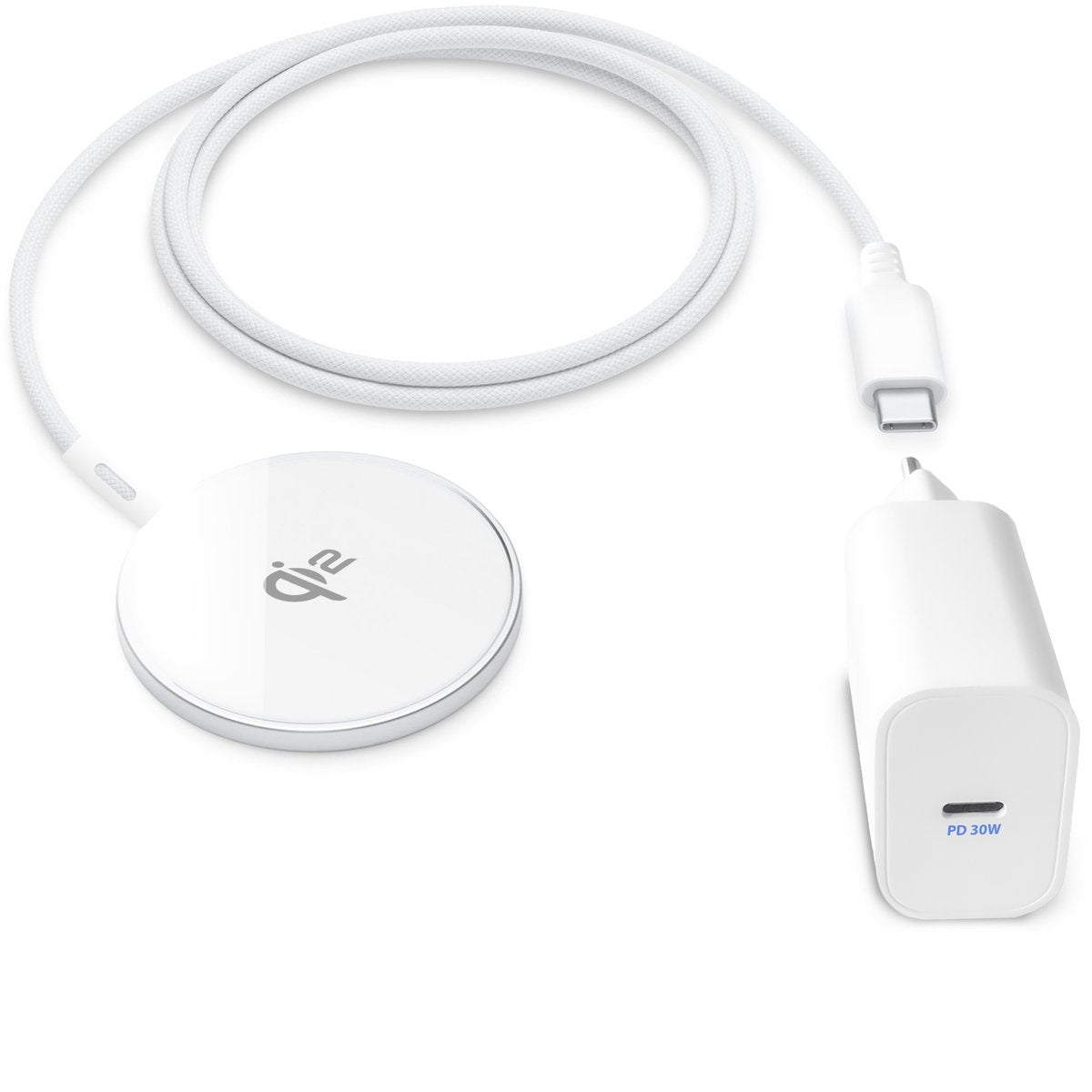 Witte draadloze oplader met kabel en voedingsadapter. Qi-logo op de oplader. PD 30W op de adapter.