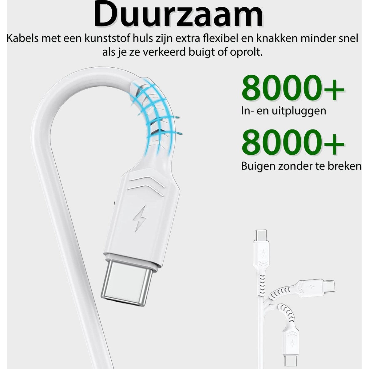 White USB-C cable bent, showing flexibility. Text highlights durability, with '8000+' for in-out cycles and bending without breaking.