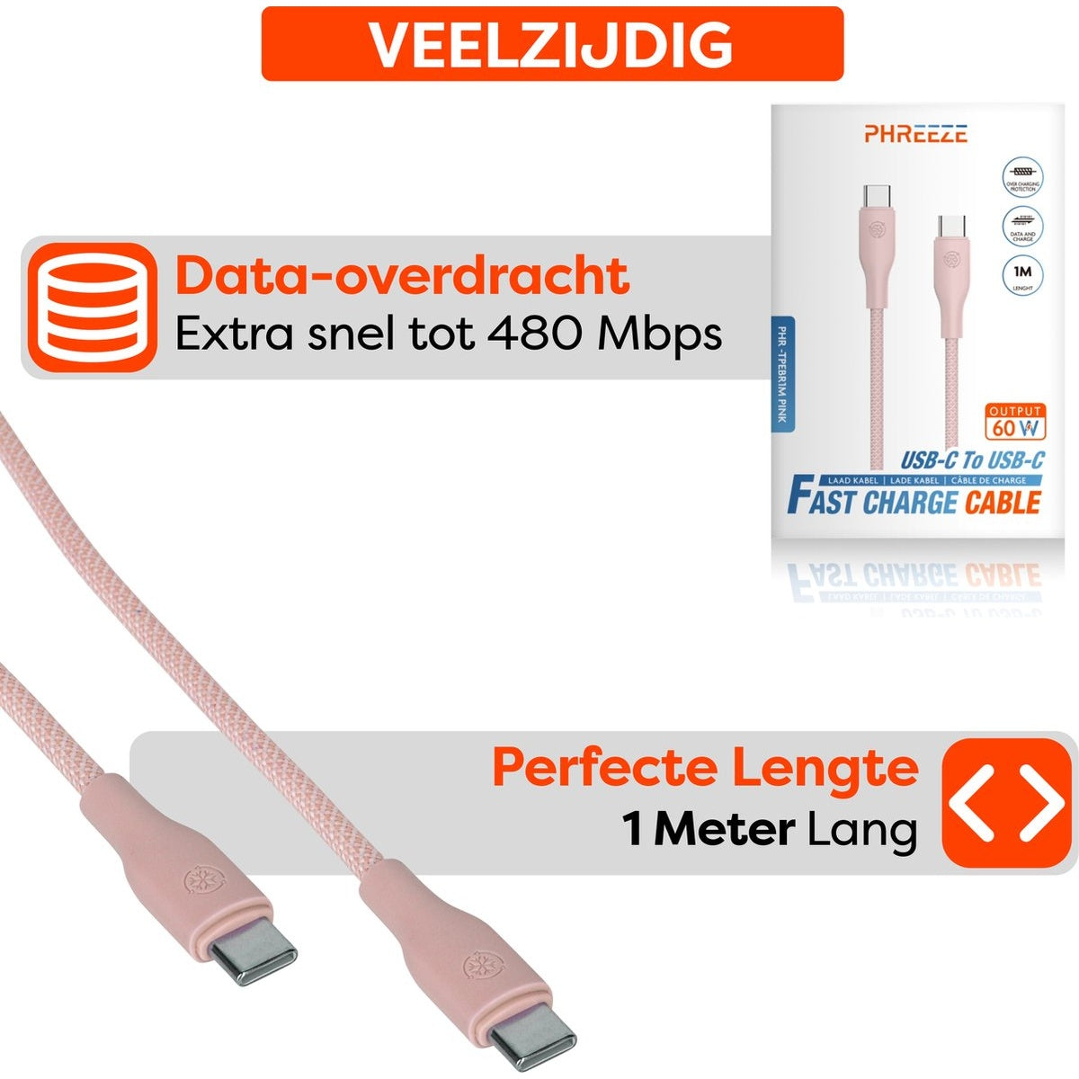 Roze USB-C naar USB-C kabel. Tekst: Gegevensoverdracht tot 480 Mbps, Perfecte lengte 1 meter. Kenmerken: Snellaadkabel, 60W output.