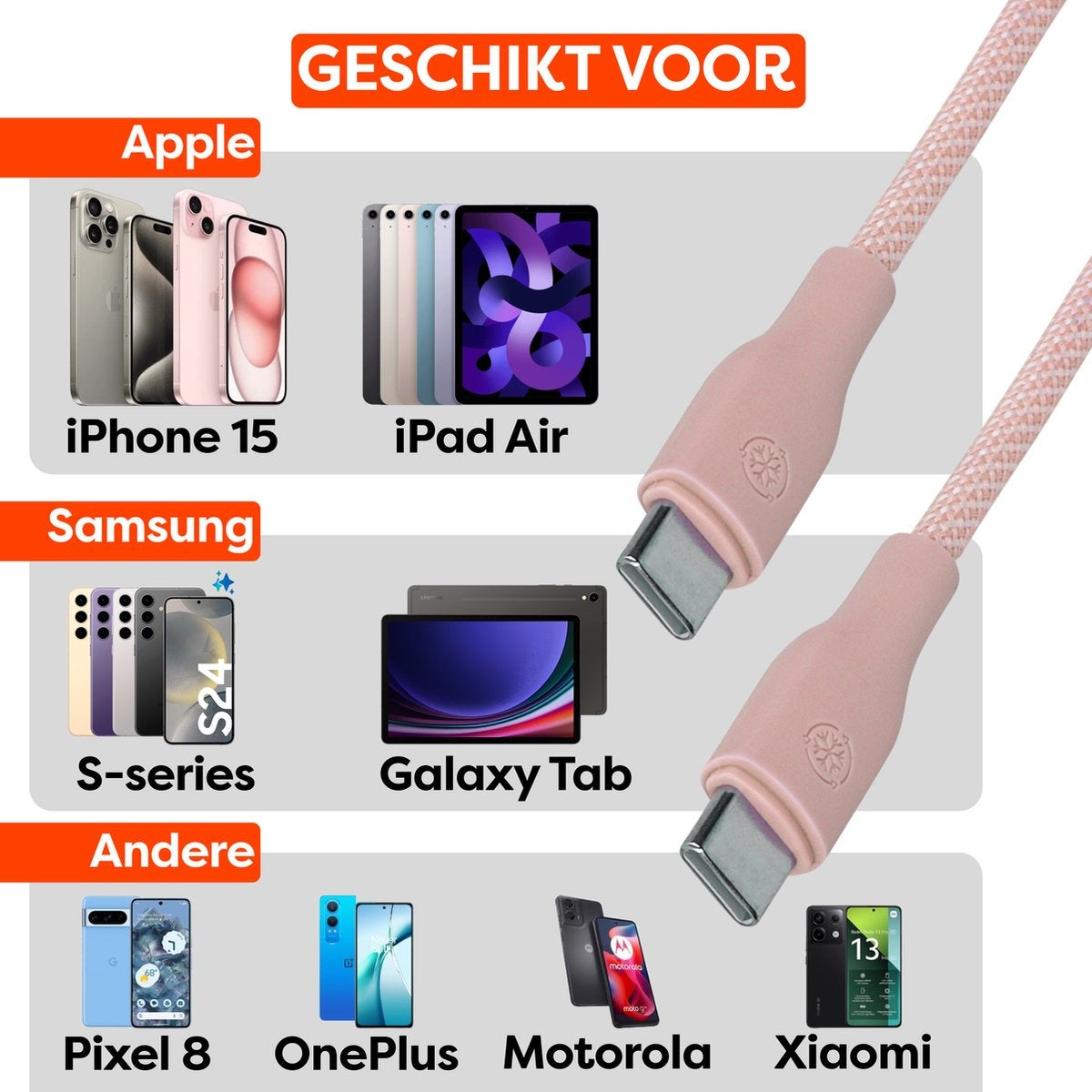Afbeelding toont telefoons en tablets van merken als Apple, Samsung en anderen. Een roze oplaadkabel bevindt zich aan de rechterkant.