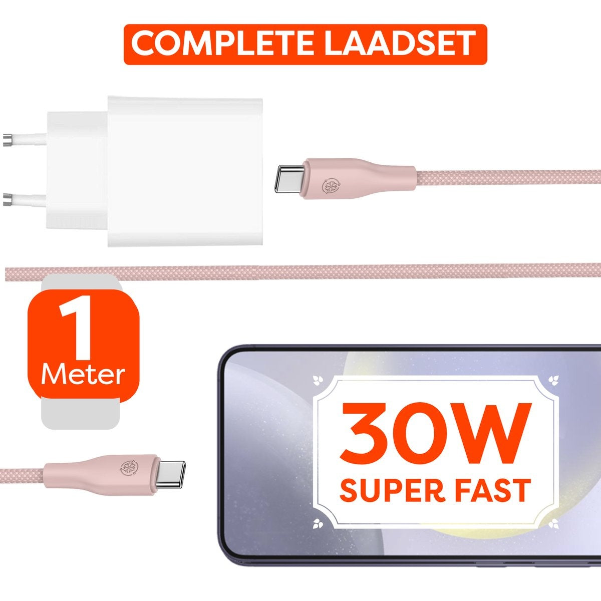 Afbeelding toont een complete oplaadset: oplader, kabel en telefoonscherm met 30W super snel opladen. De kabel is 1 meter.