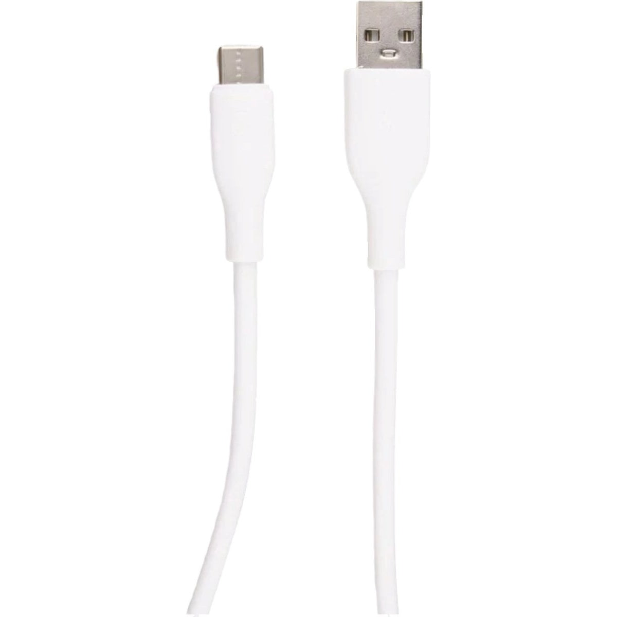 Twee witte USB-kabels, één Type-C en één USB-A, tegen een witte achtergrond. Ze liggen naast elkaar, met hun connectoren zichtbaar.