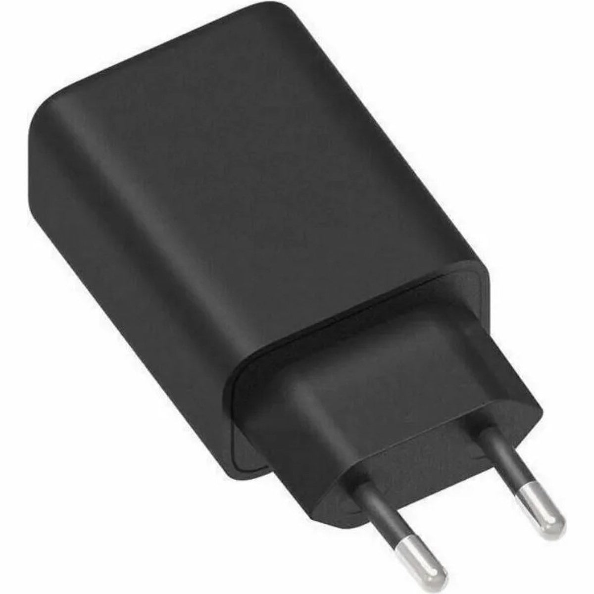 A black phone charger with two silver prongs. It has a rectangular body and a sleek design, suitable for European outlets.