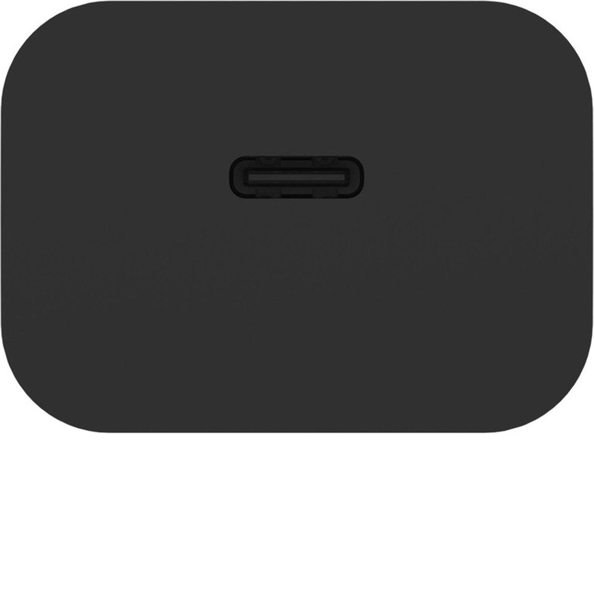 A black, rectangular device with rounded corners. A USB-C port is centered at the top. White space below.