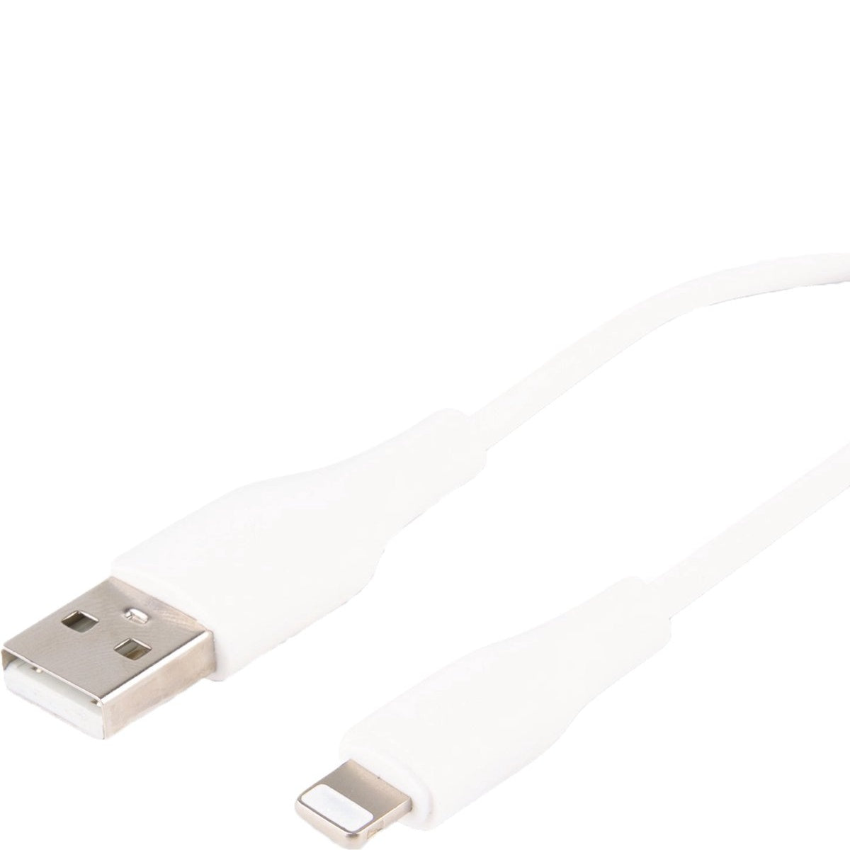 Een witte USB naar Lightning kabel op een witte achtergrond. De USB-kant is zilver en de Lightning-kant is zichtbaar.