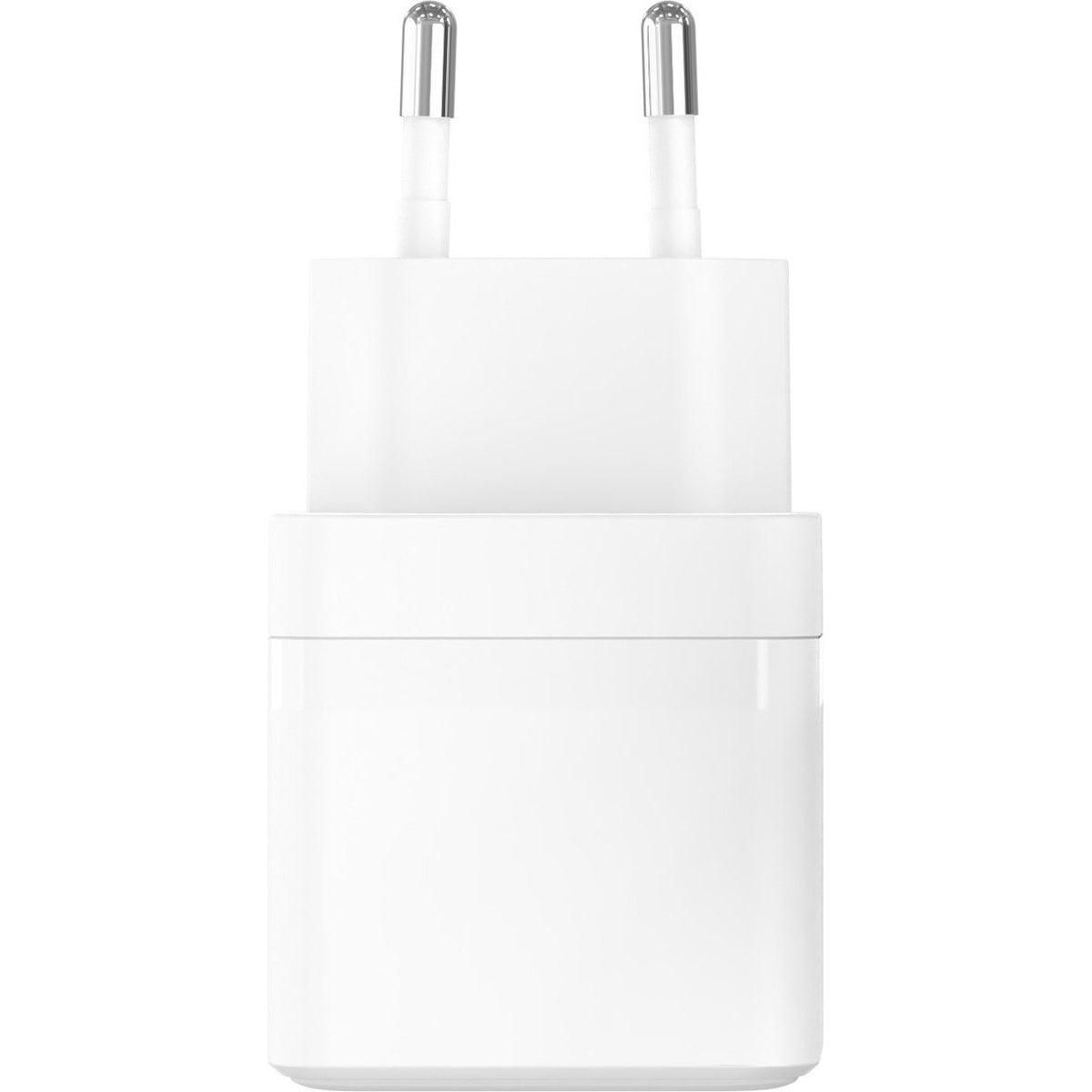 A white power adapter with two silver prongs. It is rectangular with rounded edges.