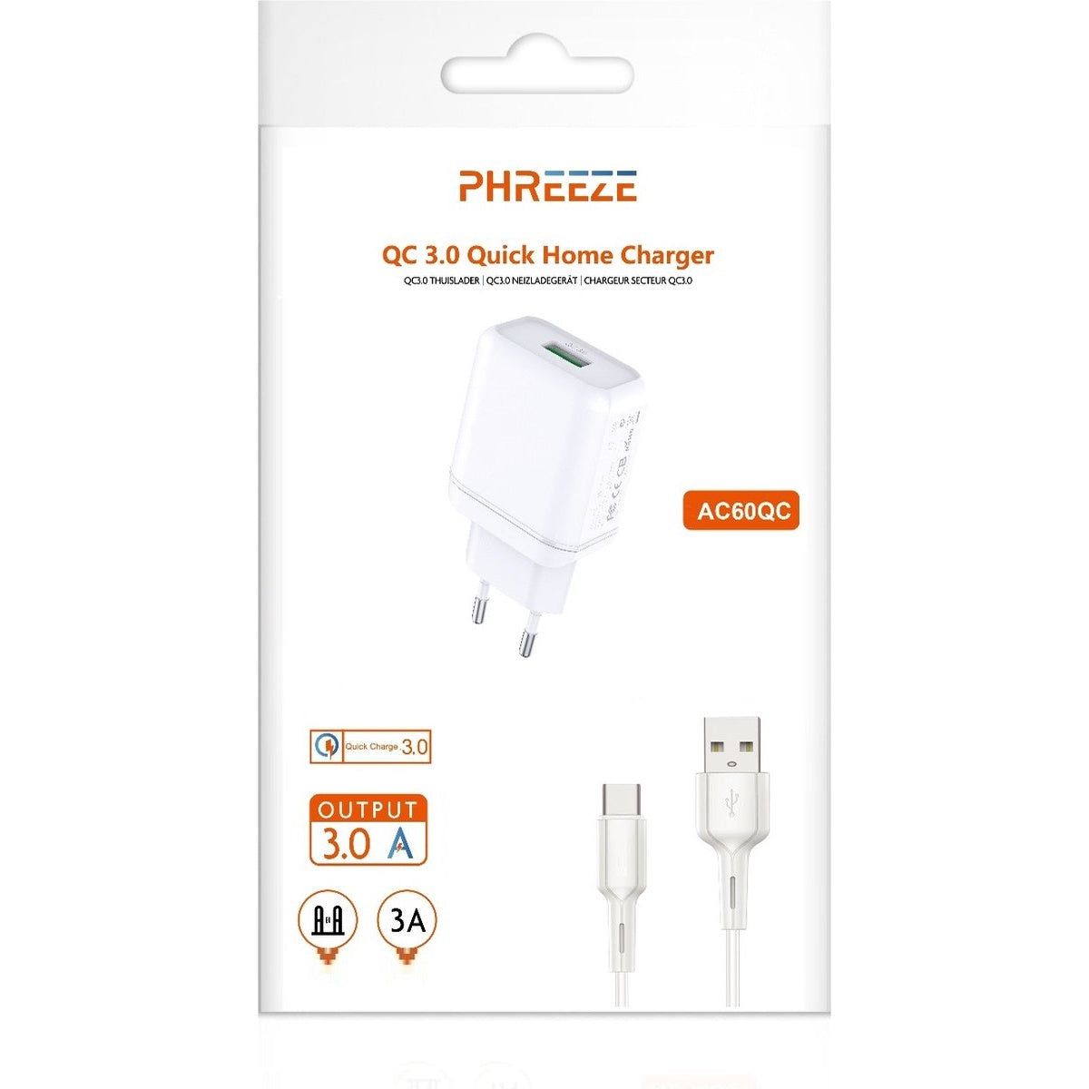 Witte oplader met kabel, gemarkeerd met 'QC 3.0 Quick Home Charger'. Tekst bevat 'OUTPUT 3.0 A' en het merk 'PHREEZE'.