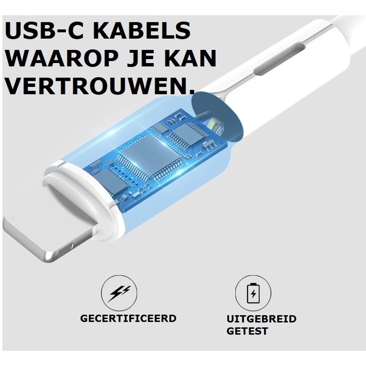 Afbeelding toont een USB-C-kabel met een blauw circuitboard in de connector. Tekst zegt 'USB-C kabels waarop je kunt vertrouwen' en 'gecertificeerd'.