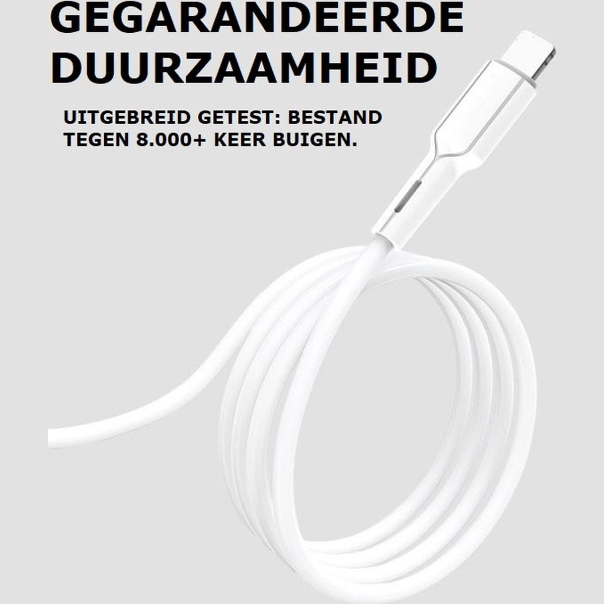 Een witte USB-C-kabel in spiraalvorm tegen een lichtgrijze achtergrond. Tekst: 'Gegarandeerde duurzaamheid' en 'getest op 8.000+ buigingen'.