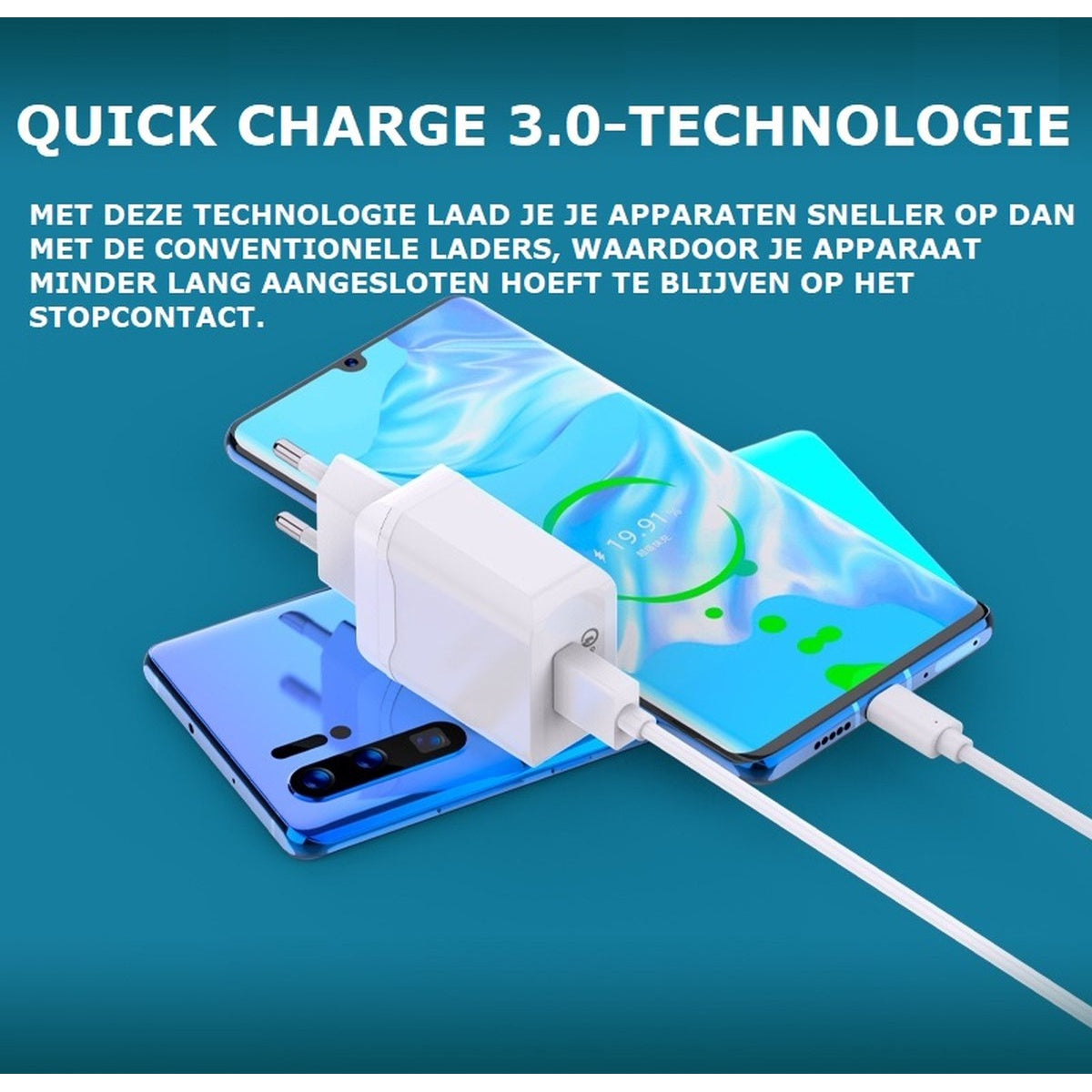 Twee smartphones, één laadt op met een witte oplader. Het scherm toont de laadstatus. Tekst bovenaan zegt 'Quick Charge 3.0'.