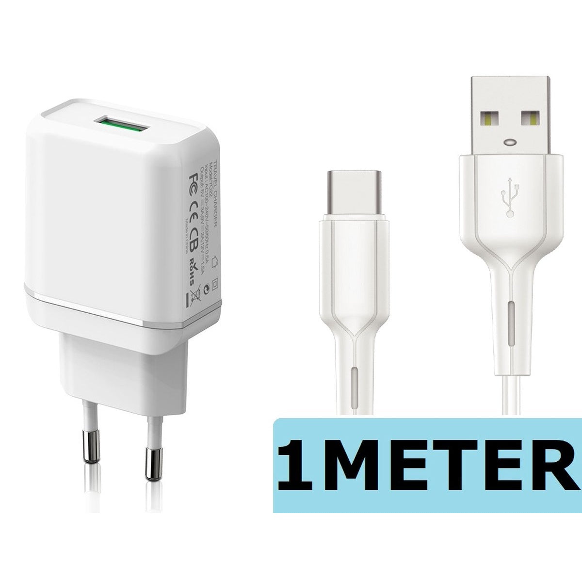 Een witte oplader met kabel en USB-poort, met het label '1METER'.