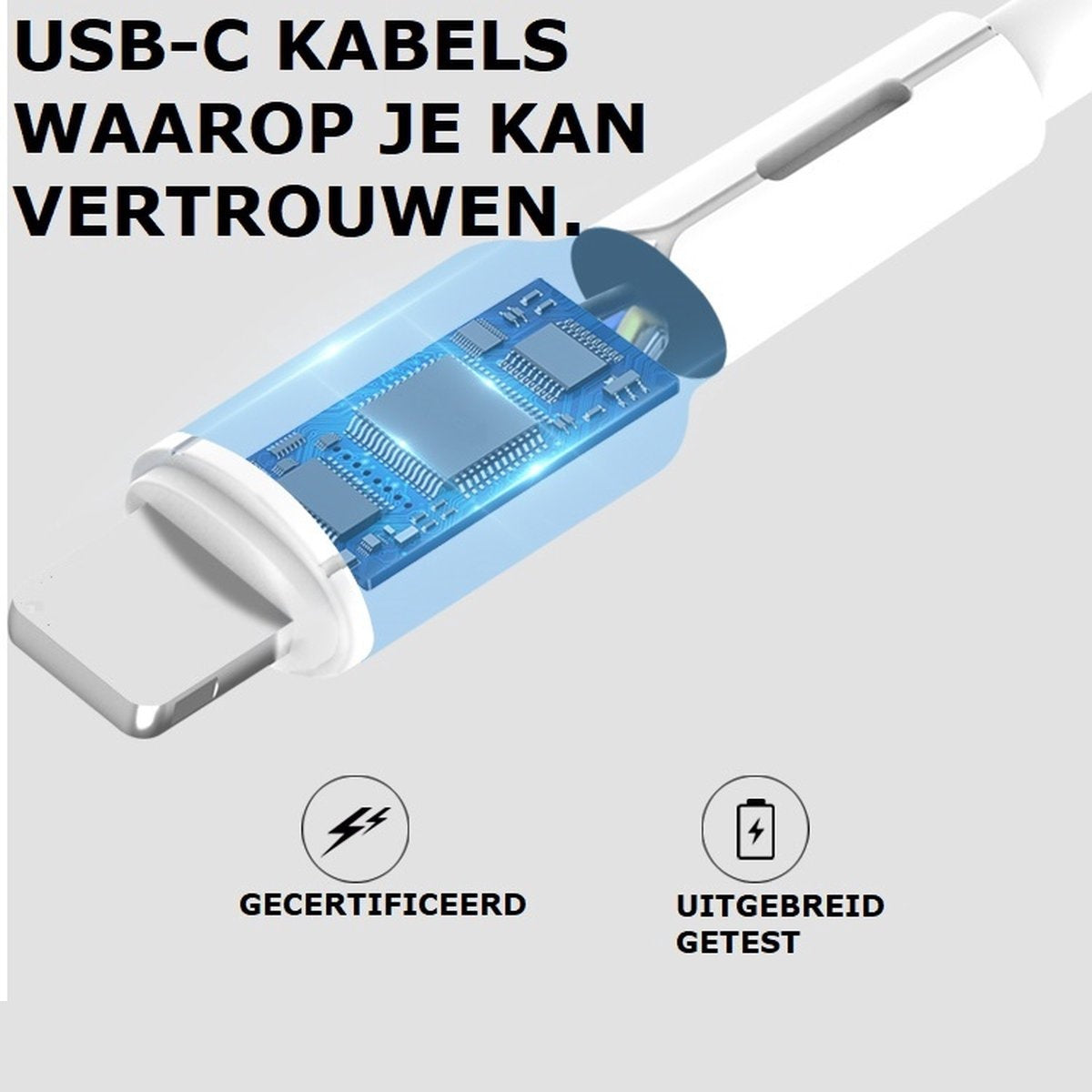 Een USB-C-kabel met een blauw circuitboard, witte connector en tekst. De kabel is gelabeld als gecertificeerd en uitvoerig getest.