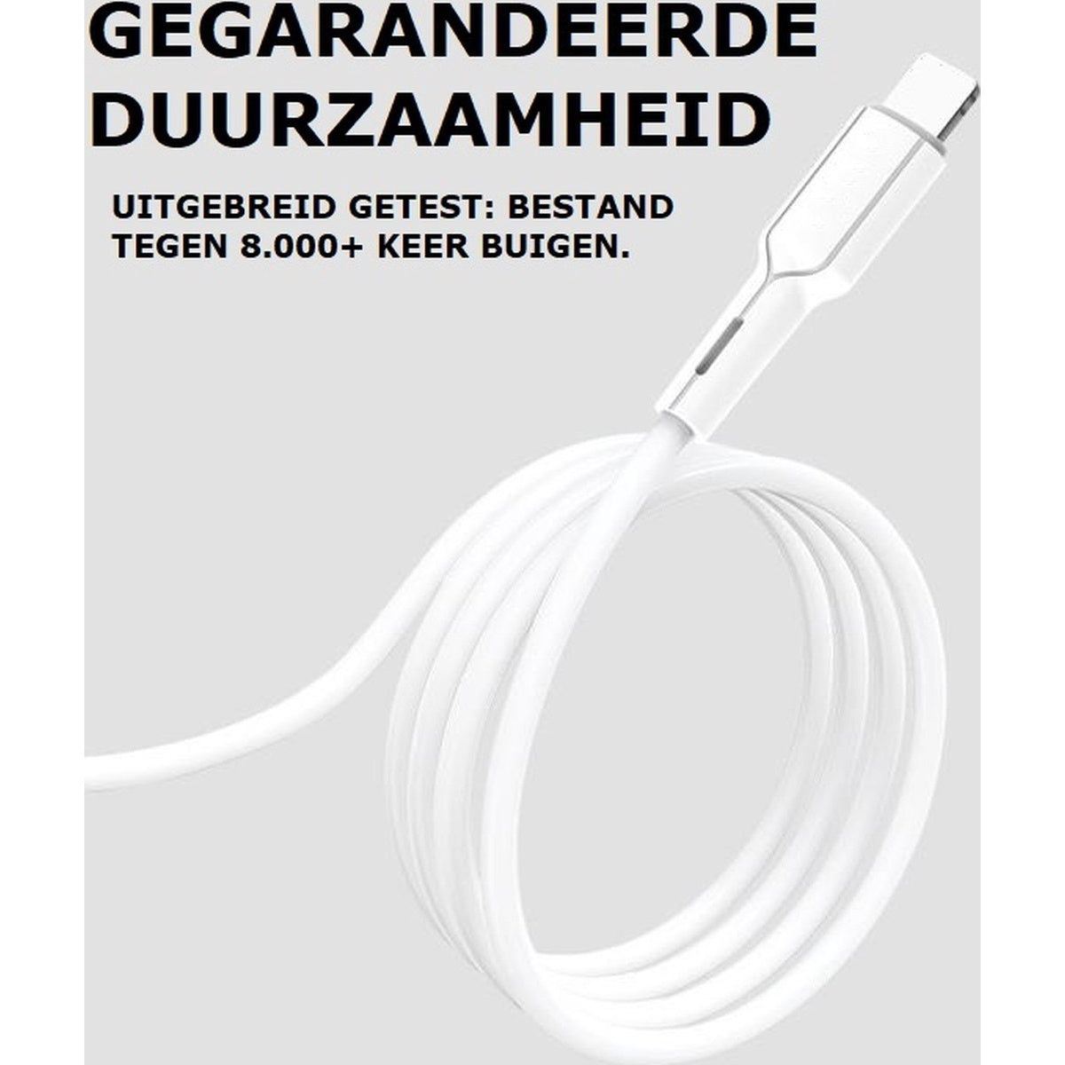 Witte USB-C-kabel met opgerolde draad, haakse connector. Tekst: Gegarandeerde duurzaamheid, getest op meer dan 8.000 keer buigen.