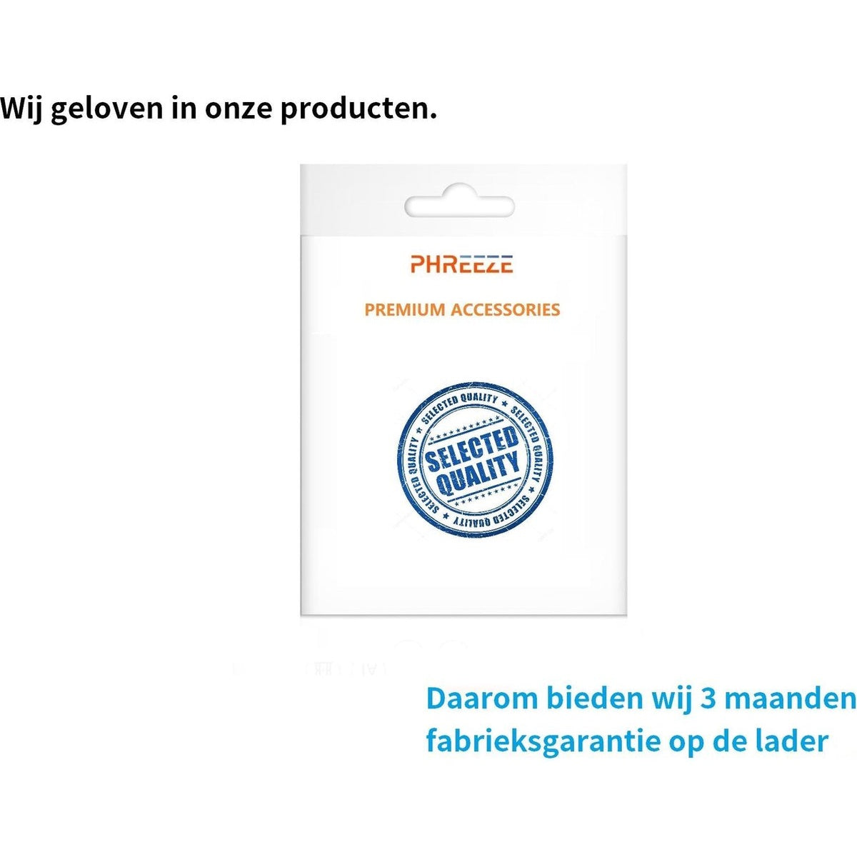 Een witte verpakking met het merk 'PHREEZE' en het zegel 'SELECTED QUALITY'. Nederlandse tekst boven en onder.