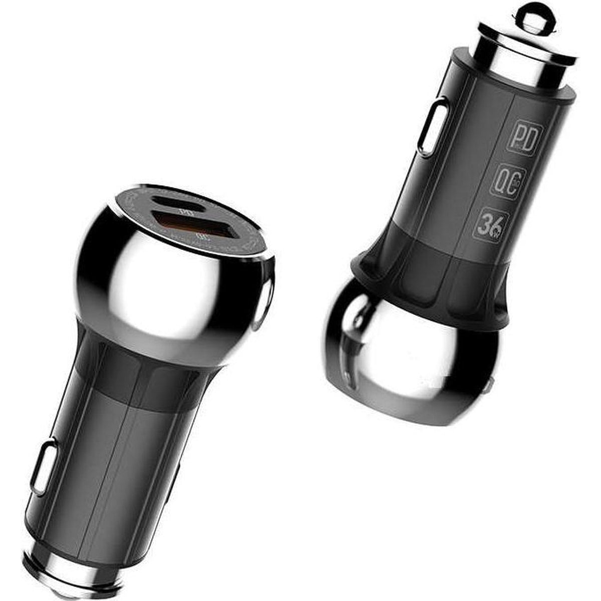 Twee zwarte en zilveren autoladers. Eén naar links gekanteld, de ander naar rechts. Beide hebben USB-poorten en markeringen.