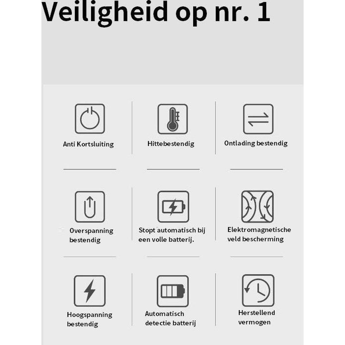 Afbeelding toont iconen met Nederlandse tekst over veiligheidsvoorzieningen: anti-kortsluiting, hittebestendig, ontladingsbestendig, overspanningsbeveiliging.