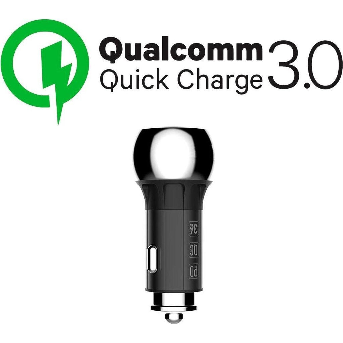 Een zwarte autolader met een witte bovenkant, en de woorden "Qualcomm Quick Charge 3.0" erboven gedrukt.