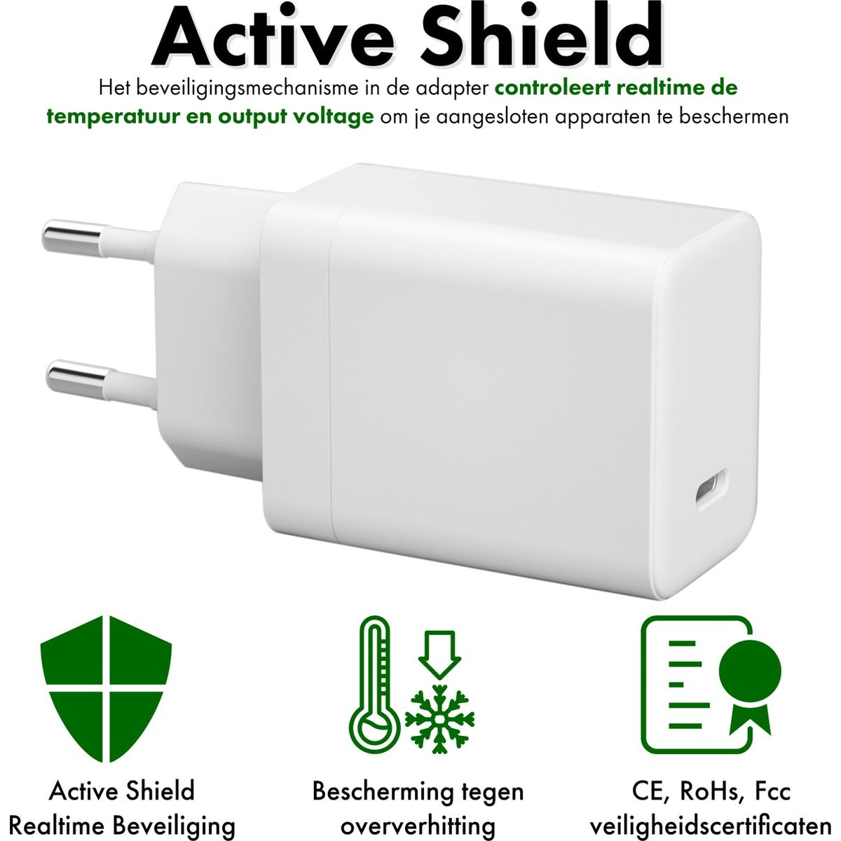 Witte voedingsadapter met zilveren pinnen. Tekst: Active Shield, Realtime Beveiliging, en symbolen voor oververhittingsbescherming.