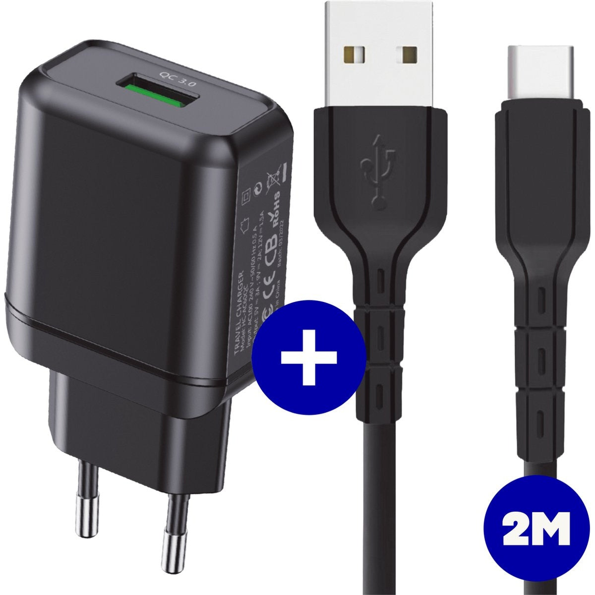 Zwarte oplader met groen QC 3.0-label, USB-kabel en USB-C-kabel. Een plusteken staat op een blauwe cirkel.