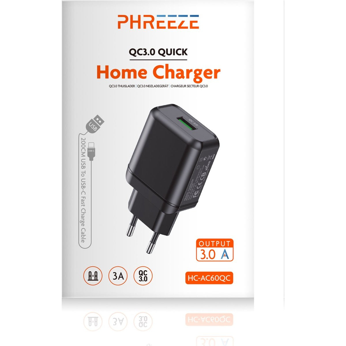 Een zwarte QC3.0 Home Charger met een USB-C-kabel voor een witte achtergrond. Het is gelabeld met 3.0A en HC-AC60QC.