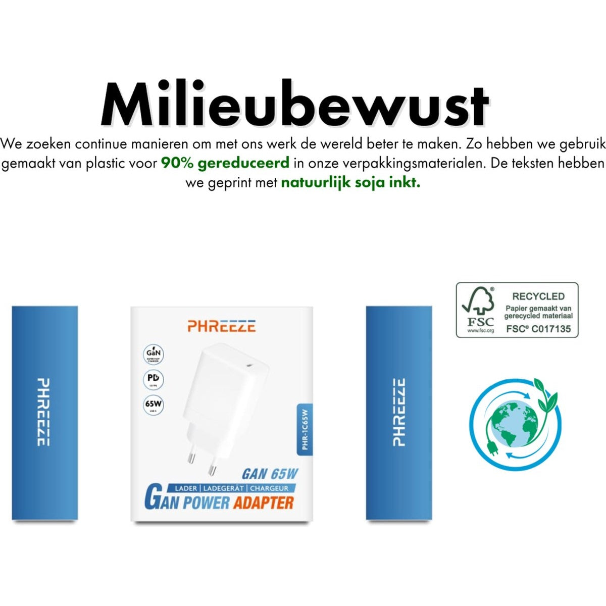 Afbeelding met tekst 'Milieubewust', productdozen en recyclinglogo. Tekst vermeldt verminderd plastic en soja-inkt.