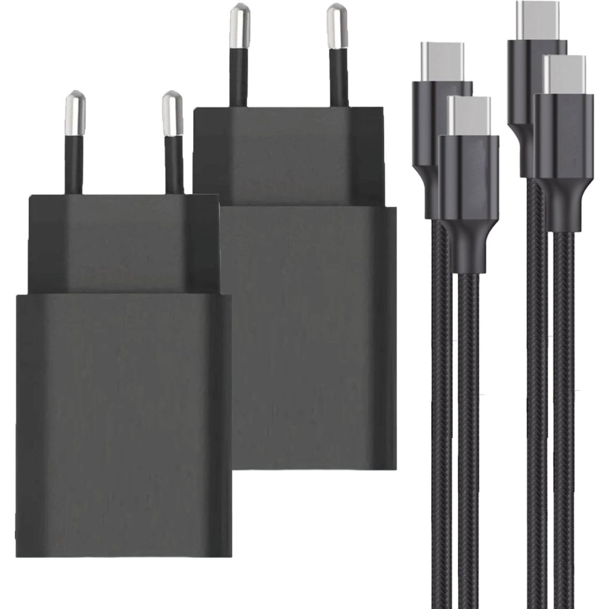 Verschillende zwarte telefoonopladers en USB-C-kabels zijn gerangschikt op een wit oppervlak. De opladers hebben zilveren pinnen.