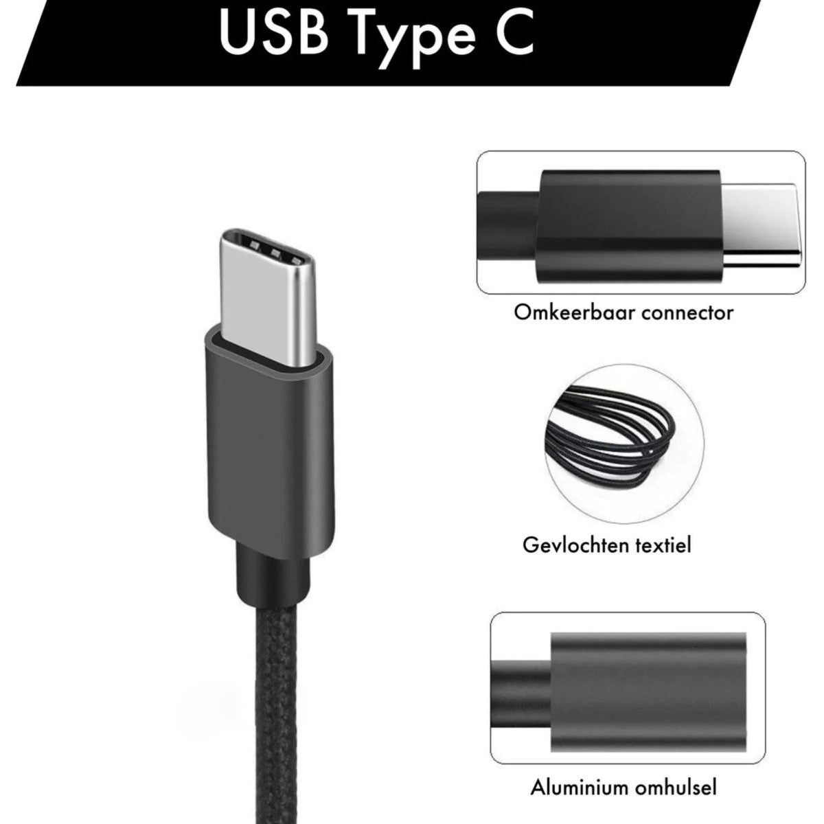 Afbeelding toont een USB Type C-kabel. Het heeft een omkeerbare connector, gevlochten textielkabel en aluminium behuizing. De titel luidt 'USB Type C'.