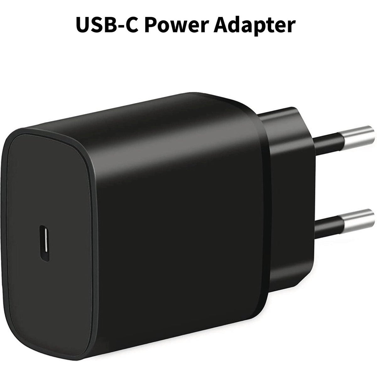 Zwarte USB-C voedingsadapter met twee metalen pinnen. Het heeft een USB-C-poort en de tekst "USB-C Power Adapter" is zichtbaar.