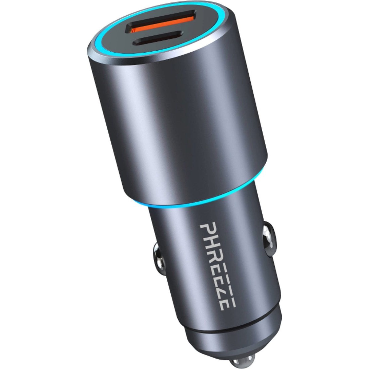 Een grijze autolader met een blauwe lichtring. Het heeft twee USB-poorten met oranje accenten. De merknaam 'PHREEZE' is zichtbaar.