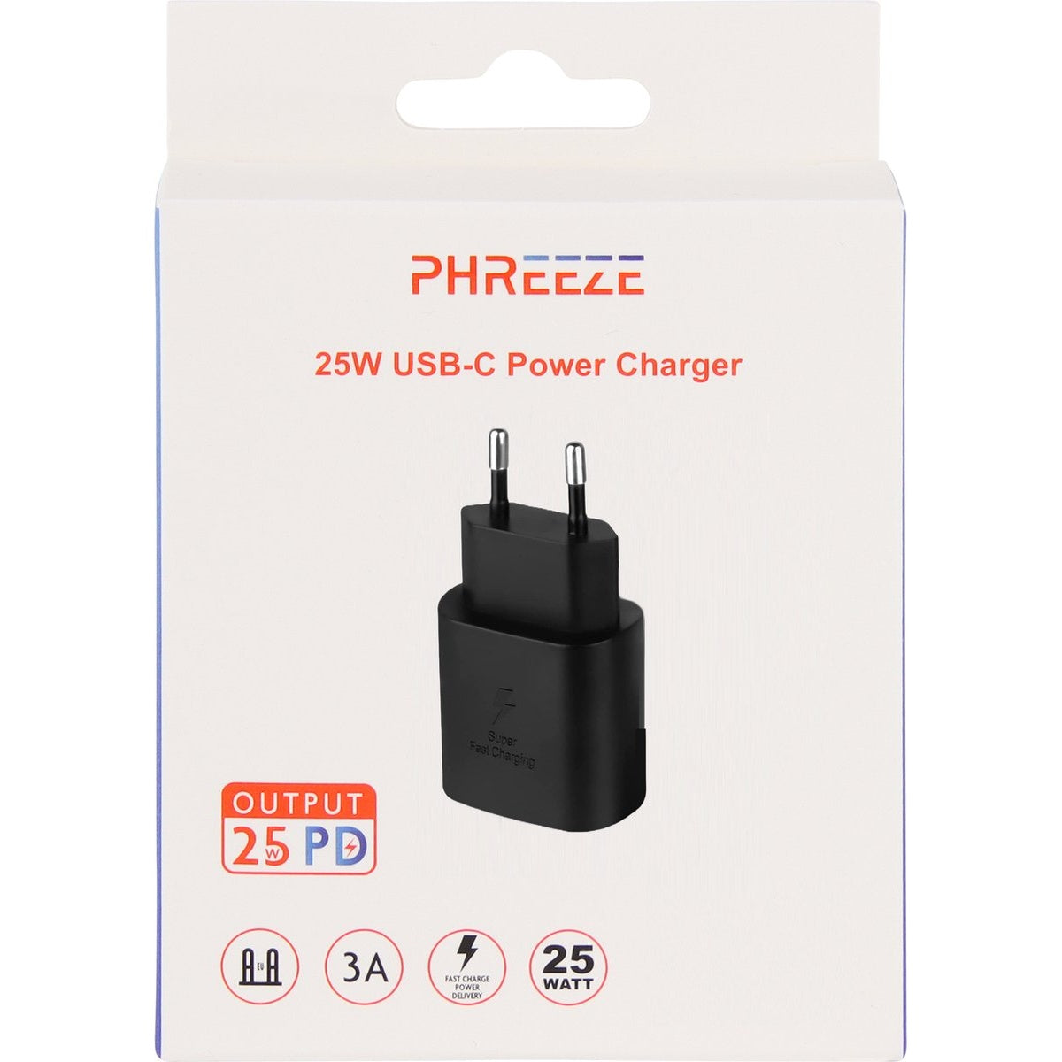 Doos met een zwarte USB-C oplader. Tekst op de doos luidt 'PHREEZE', '25W USB-C Power Charger' en 'OUTPUT 25 PD'.