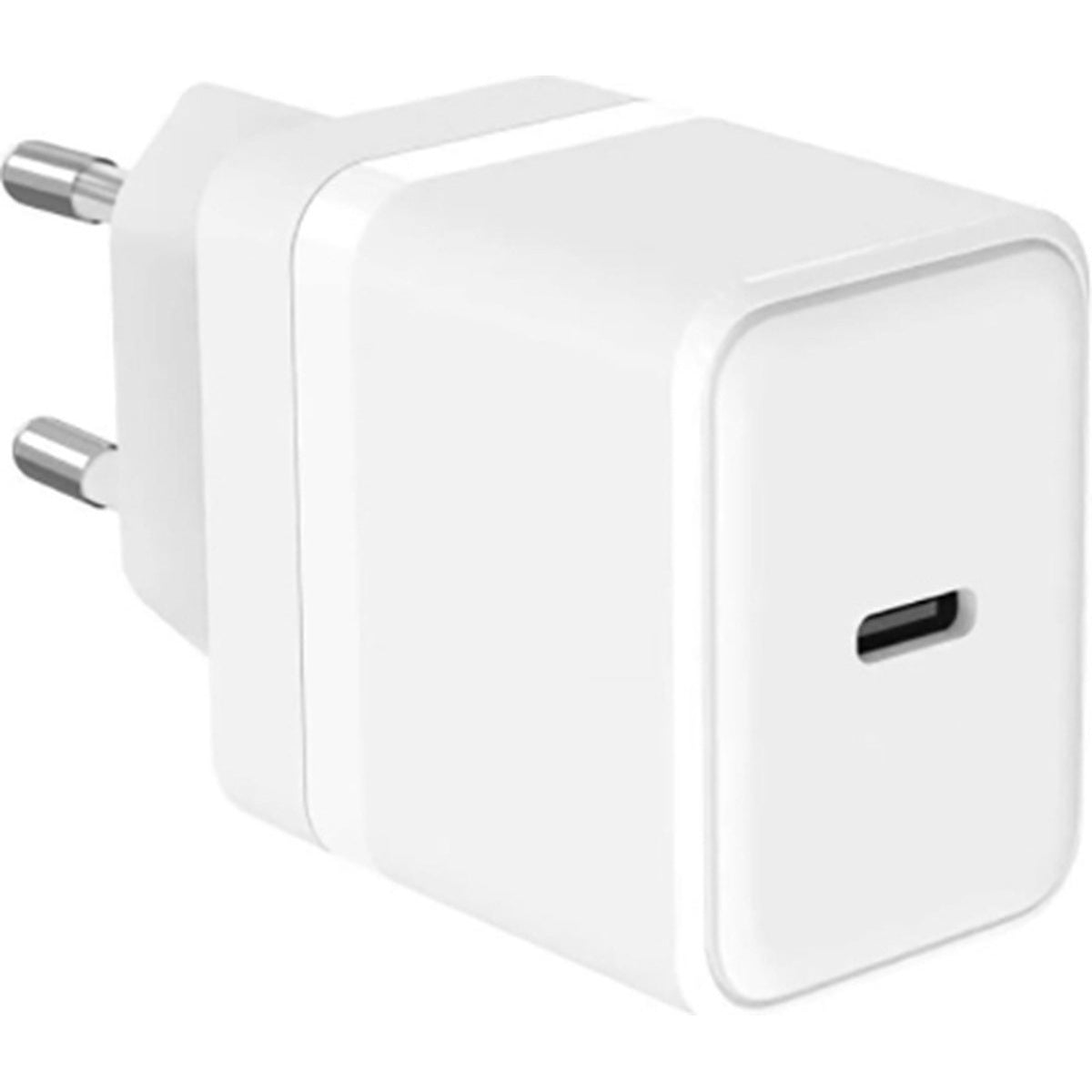 A white wall charger with two metal pins and a USB-C port. The charger is a rectangular shape with rounded edges.