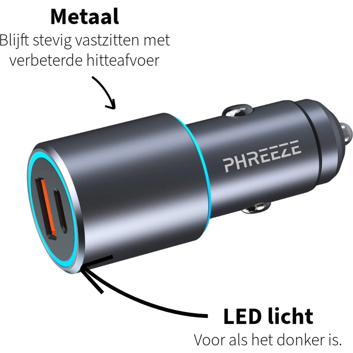 Een grijze autolader met een blauwe LED-ring en oranje USB-poorten. Tekst luidt 'PHREEZE' en 'LED-licht voor duisternis'.