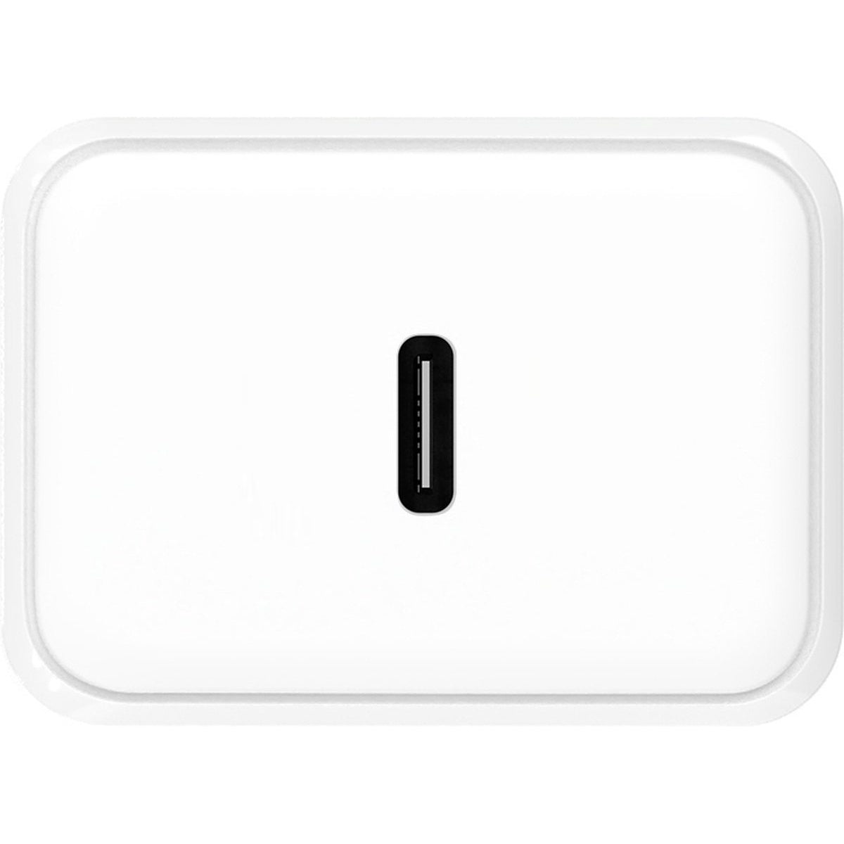 A white rectangular charger with rounded edges. A black USB-C port is centered on the white surface.