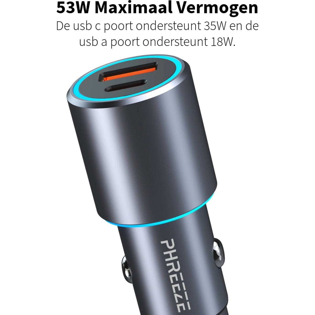 Een autolader met een USB-C- en USB-A-poort. Het is zwart en heeft een blauw licht. Tekst erop zegt 'PHREEZE' en '53W Maximaal Vermogen'.