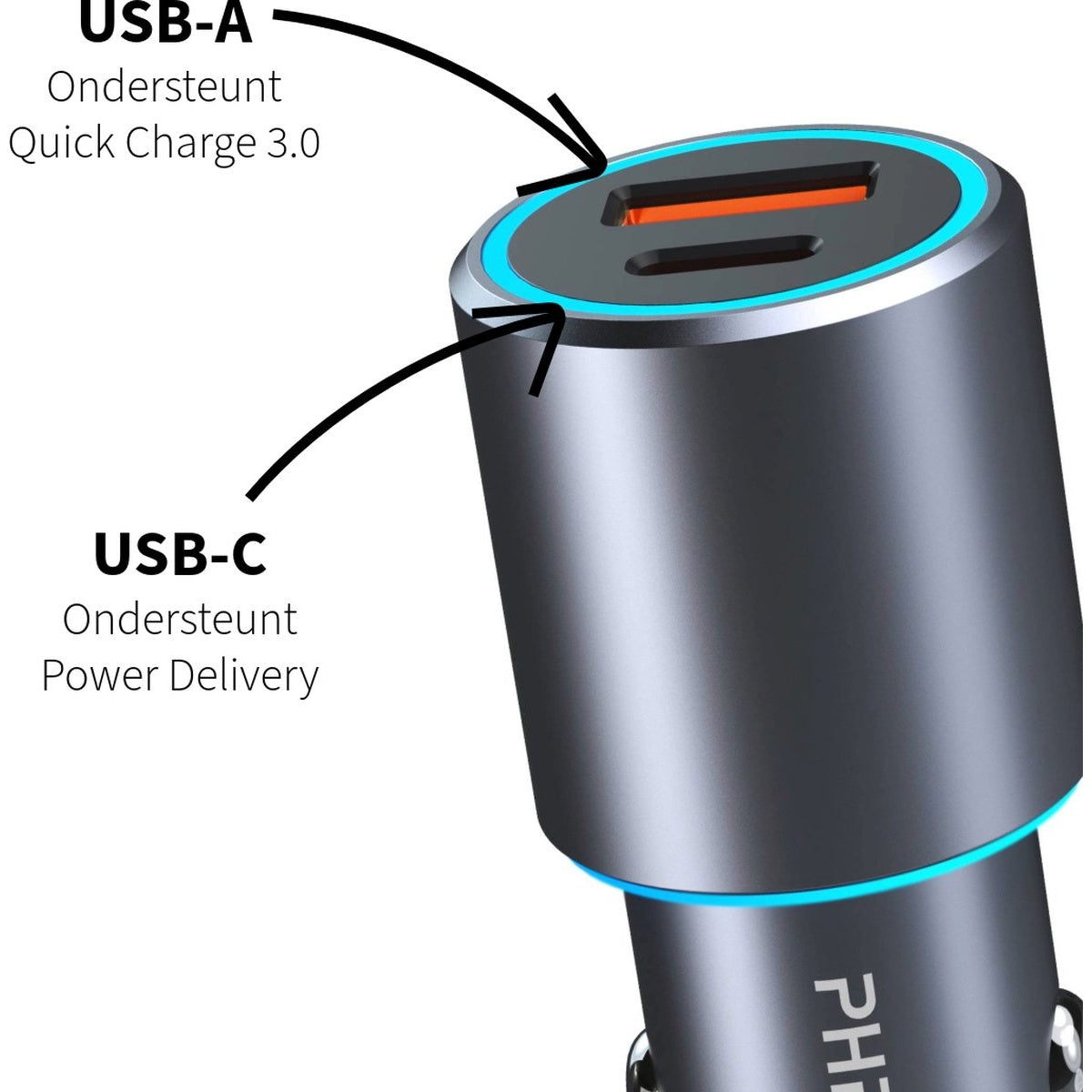Een zwarte autolader met USB-A- en USB-C-poorten. Het ondersteunt snel opladen 3.0 en stroomvoorziening. De lader is gemarkeerd met 'USB-A' en 'USB-C'.