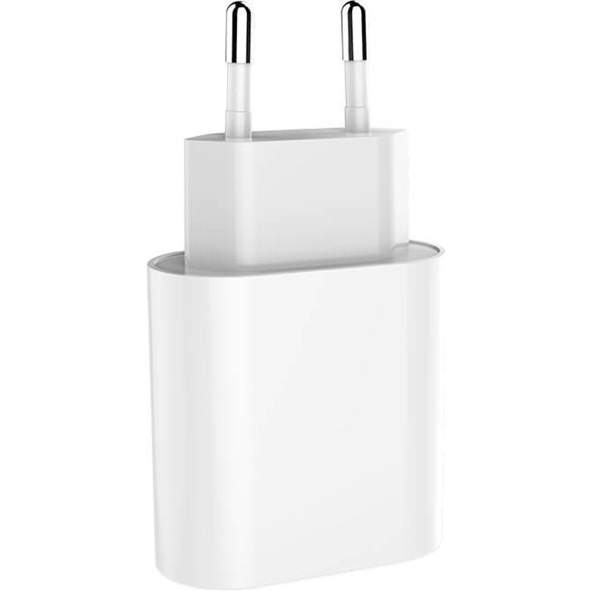 Een witte telefoonoplader met twee zilveren pinnen aan de bovenkant. Het heeft een rechthoekige vorm met afgeronde randen. De achtergrond is wit.