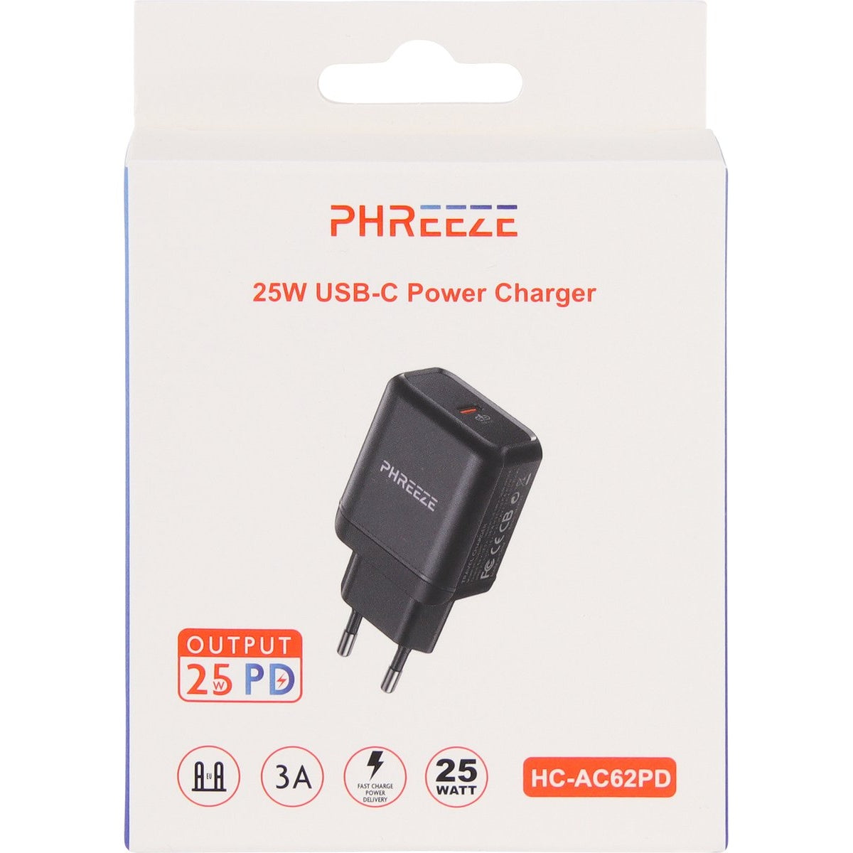 Een zwarte USB-C-voedingslader met het label PHREEZE, 25W, op een witte doos. Tekst bevat uitgangs- en voedingsspecificaties.