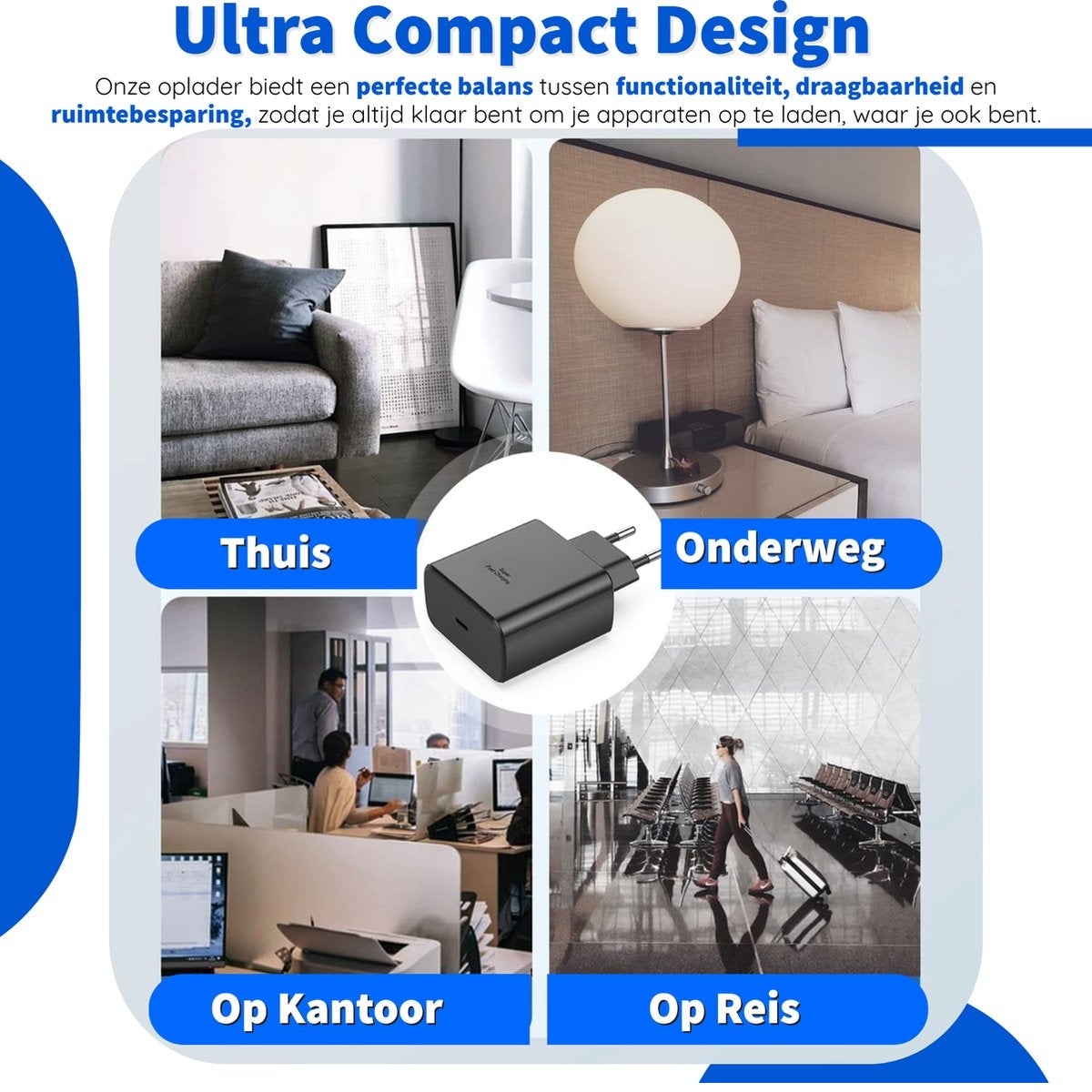 Afbeelding toont een zwarte oplader met gebruiksscenario's: thuis, onderweg, op kantoor en op reis. Tekst luidt 'Ultra Compact Design'.