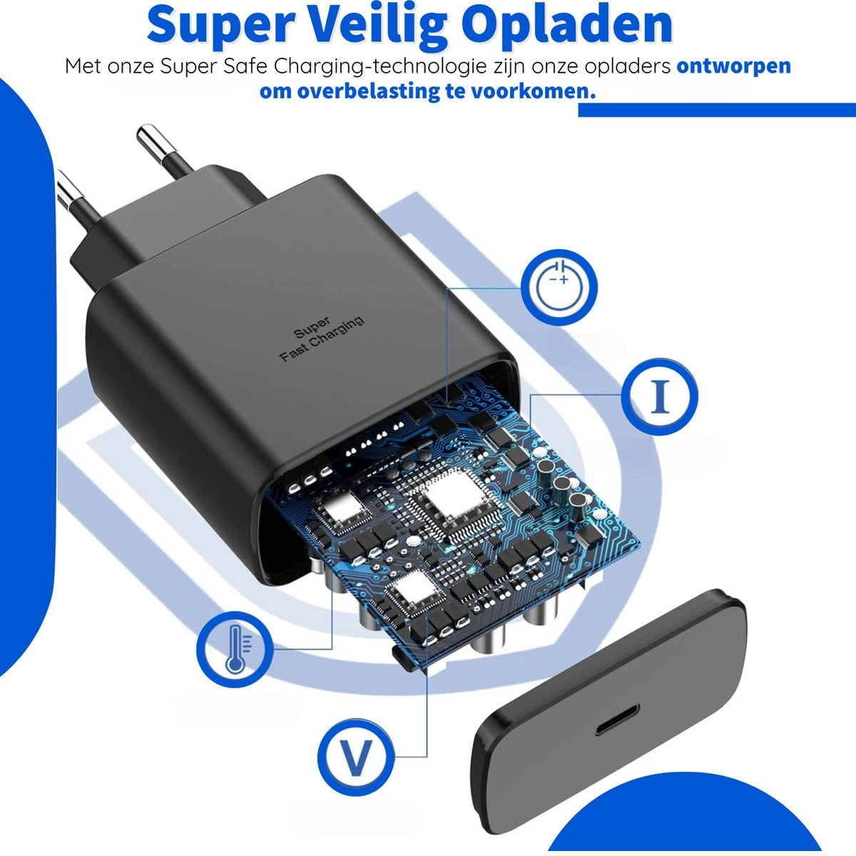 Zwarte telefoonoplader met blootliggende interne printplaat, met verschillende componenten. Inclusief spanning, stroom en temperatuursymbolen.